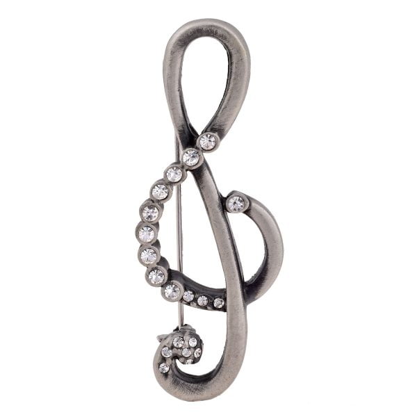 B2963-4.jpg Antique Silver Rhinestone Music Note Brooch - Image 1
