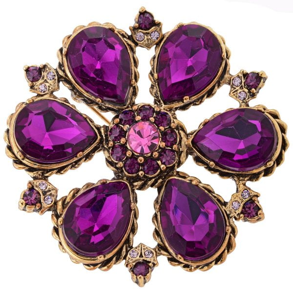 Georgian Inspired Rhinestone Amethyst Flower Brooch - Image 1