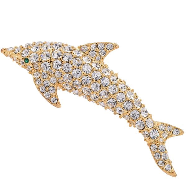 B3664-10.jpg Austrian Crystal Rhinestone Gold-tone Dolphin Miami Brooch - Image 1