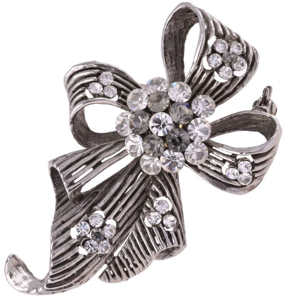 B4956-7.jpg Antique Silver Victorian Inspired Rhinestone Ribbon Bow Brooch - Image 1