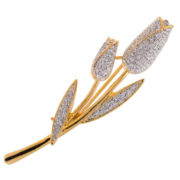 B5610-9.jpg Mid-Century Gold Tulip Rhinestone Accented Pin Brooch - Image 1