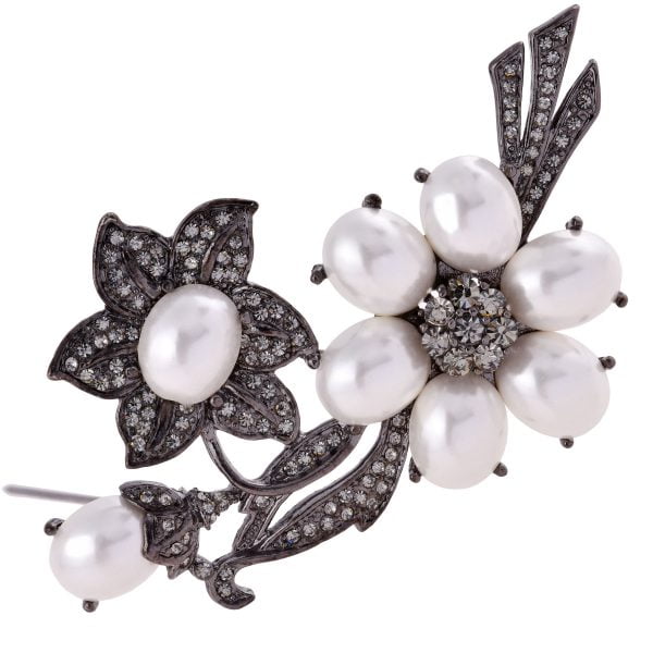 Victorian Pearl Rhinestone Accented Flower Brooch - Image 1