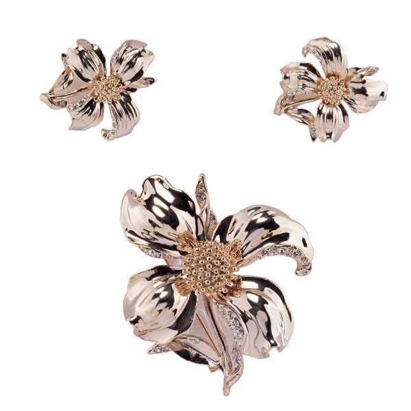 BE4753-12.jpg Baroque Inspired Gold-tone Flower Brooch-Earrings Demi Parure Set - Image 1