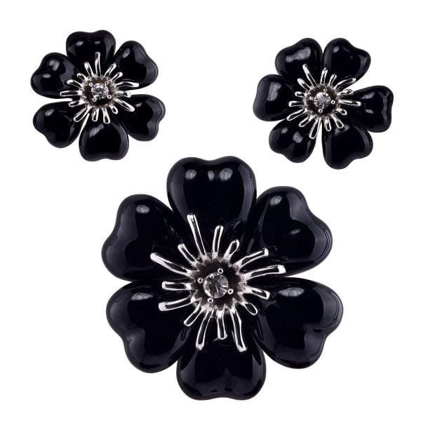 Retro Rhinestone Black Onix Flower Brooch-Earring Demi Parure Set - Image 1
