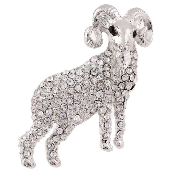BR2534-14.jpg Silver Rhinestone Ram Brooch - Image 1