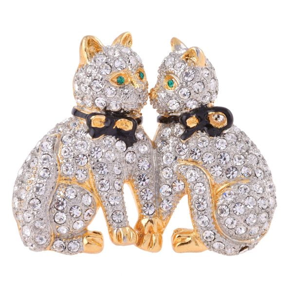 Gold Plated Rhinestone Accented Cats Brooch - Image 1