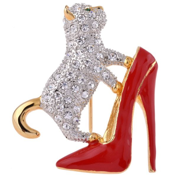 LGB46-6.jpg Enamel Rhinestone Curious Cat Brooch - Image 1