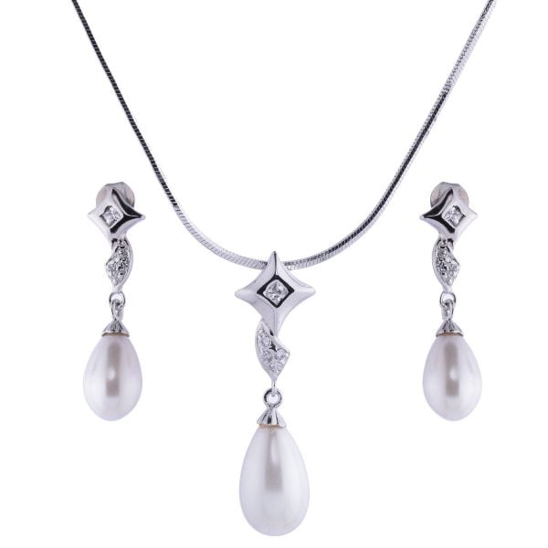 LNE0058-11.jpg Cubic Zirconia Accented Teardrop Pearl Jewelry Set - Image 1