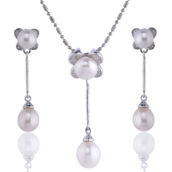 LNE226-11.jpg Dangling Simulated Pearl CZ Necklace Set - Image 1