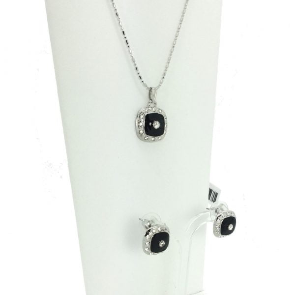 Square Enamel Crystal Pendant Necklace Set - Image 1