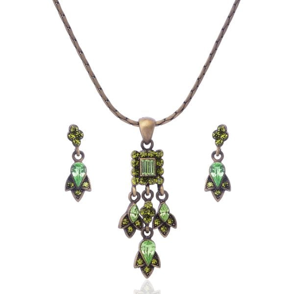 Vintage Inspired Antique Brass Rhinestone Necklace Earrings Set - Image 1