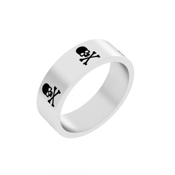 R5389-4 Exotic Stainless Steel Laser-etched Crossbone and Skull Biker's Unisex Ring - Image 1