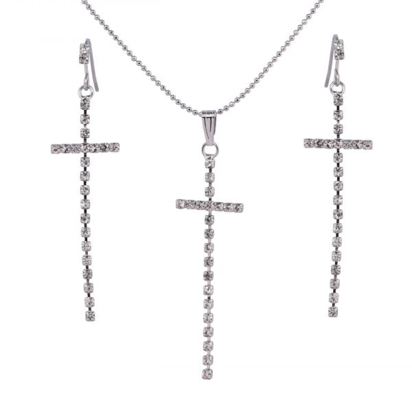 Rhinestone Cross Pendant Necklace Set - Image 1